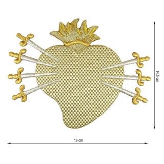 Aplicación bordada para coser Corazón Dolorosa 19x14,5cm. Oro