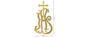 Aplicación bordada para coser JHS con cruz 15x27cm. Oro