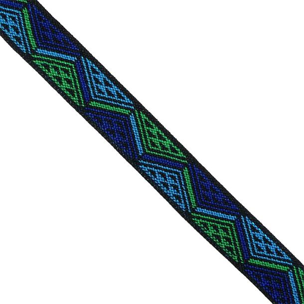 Cinta de goma elástica estampado étnico 2,5cm. Azul y verde