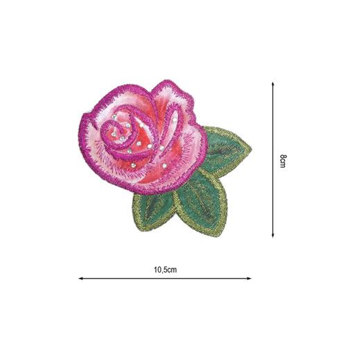 Parche termo flor rosa con strass 10,5x8cm