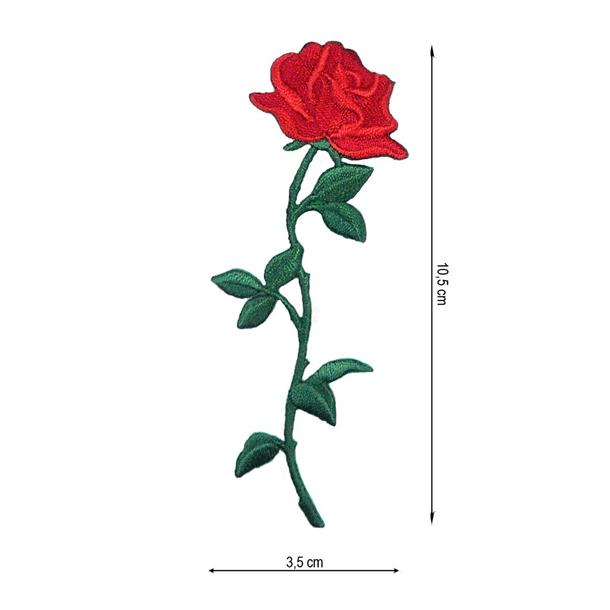 Aplicación termo de flor rosa roja con tallo. 3,5x10,5cm