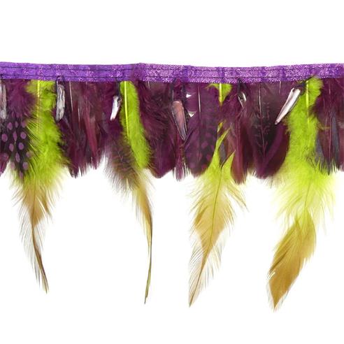 Fleco de plumas con abalorios de nacar 6-13cm. Púrpura y pistacho