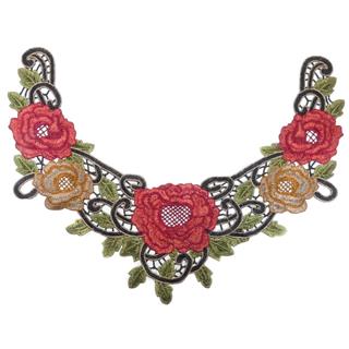 Cuello bordado guipur flores rojo y beig