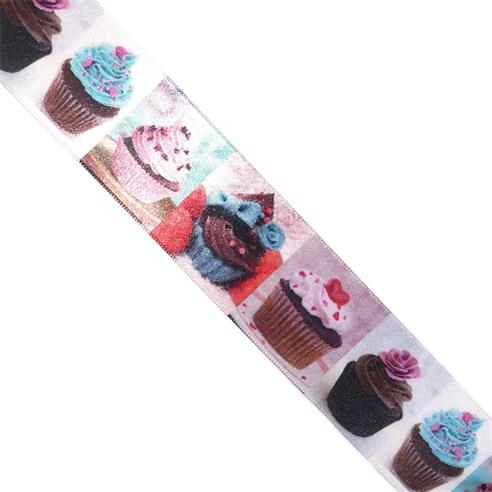 Cinta de raso estampado cupcakes. Varios anchos