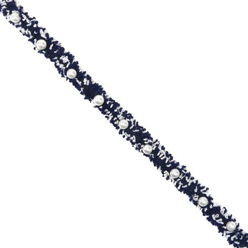 Galón estilo chanel con perlas 1cm. Azul marino