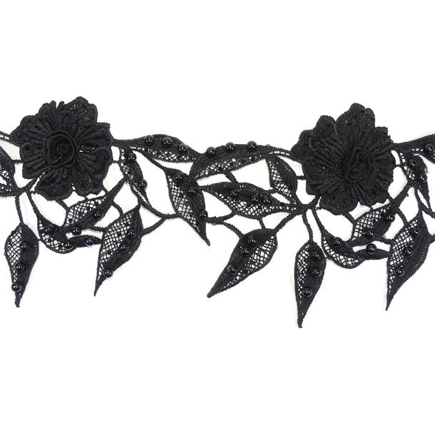 Encaje guipur negro de flores con perlas 13cm