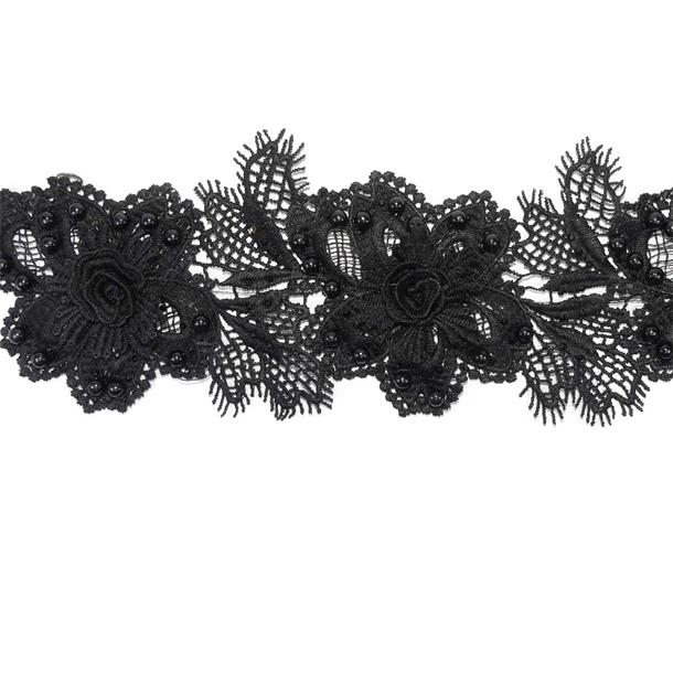 Encaje guipur negro de flores con perlas 9,5cm