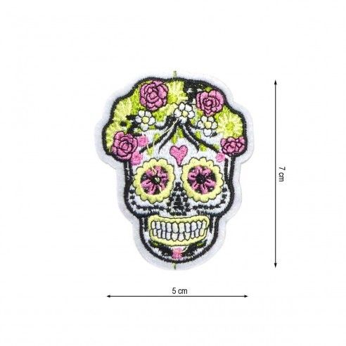 Parche termo Calavera estampada flores rosa y amarillo. Pequeña