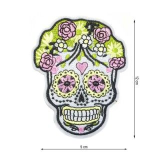 Parche termo Calavera estampada flores rosa y amarillo. Grande