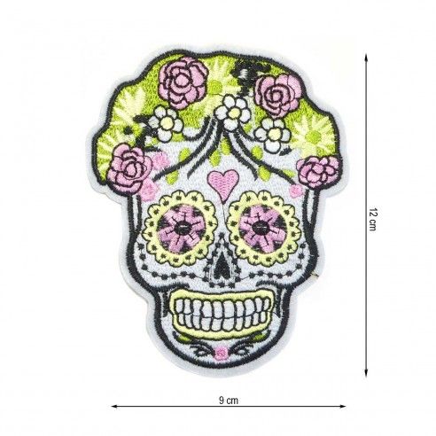 Parche termo Calavera estampada flores rosa y amarillo. Grande