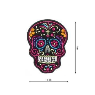 Parche termo Calavera estampada cruz. Negro y fuxia