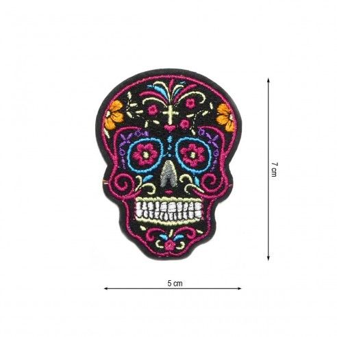 Parche termo Calavera estampada cruz. Negro y fuxia