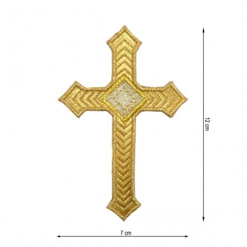 Aplicación bordada para coser Cruz picos 7x12cm. Oro
