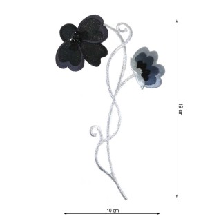 Aplicación termo de flor negra con tallo plata y rocalla
