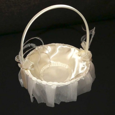 Cesta para ceremonia arras organza y plumas 16x16x18cm