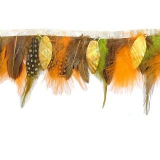 Fleco de plumas con abalorios de nacar 7-10cm. Naranja y verde