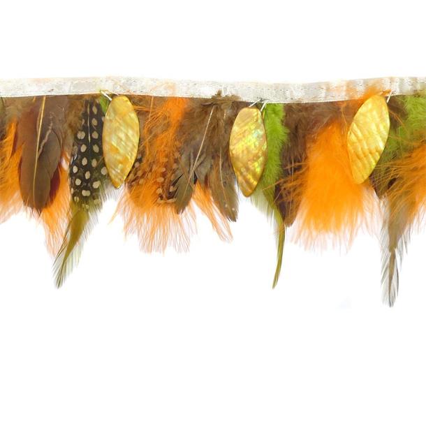 Fleco de plumas con abalorios de nacar 7-10cm. Naranja y verde