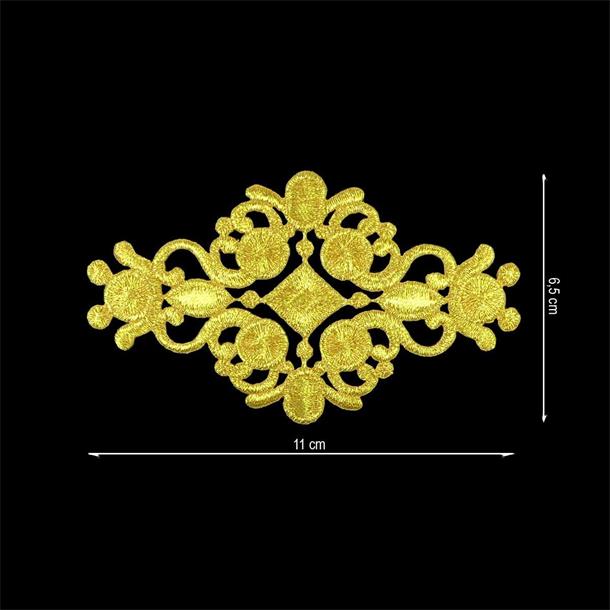 Aplicación bordada termoadhesiva dorada filigrana. 110x65mm